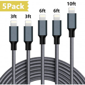 SHARLLEN iPhone Charger Cable Lightning Cable 5 Pack 3/6/10FT Extra Long Nylon Braided Fast iPhone Charging Cable Compatible iPhone Xs/Xs Max/XR/X/8/8P/7/7P/6S/SE/iPad/iPod(Gray)