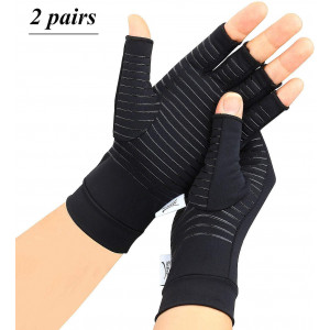 2 Pairs Arthritis Gloves,Copper Compression Arthritis Gloves,Fingerless Hand Gloves for Women and Men,Carpal Tunnel, RSI Osteoarthritis,Computer Typing, and Everyday Support (Black, Large)