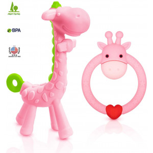 SHAREandCARE BPA Free 2 Silicone Giraffe Baby Teether Toy with Storage Case, for 3 Months Above Infant Sore Gums Pain Relief, Set of 2 Different Teething Toys (Pink)