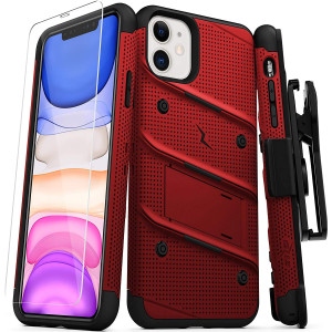 Zizo Bolt Cover - Case for iPhone 11 with Military Grade  + Glass Screen Protector and Kickstand and Holster (Red/Black)