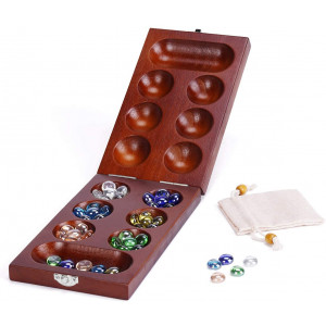 ROPODA Mancala Board Game Set with Folding Rubber Wood Board and 48+5 Multi Color Glass Stones and Stone Storage Bag - Marble Game for Daily Life, Party, Festival  Portable for Kids and Adults