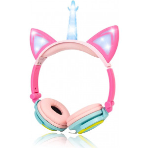LIMSON Unicorn Headphones,Stereo Light-Up Headphones 3.5mm Jack with LED Light Cat Ears for Kids Children Adults Festival Gifts Present