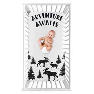 Sweet Jojo Designs Woodland Moose Boy Fitted Crib Sheet Baby or Toddler Bed Nursery Photo Op - Black and White Adventure Awaits Rustic Patch