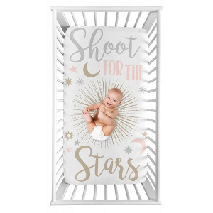 Sweet Jojo Designs Star and Moon Girl Fitted Crib Sheet Baby or Toddler Bed Nursery Photo Op - Blush Pink, Gold, Grey and White Shoot for The Stars Celestial