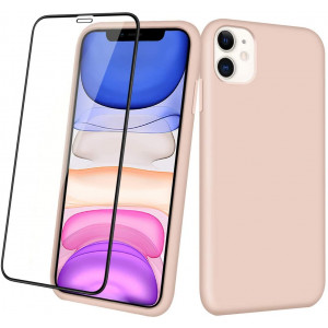 Aemotoy Case for iPhone 11 Soft Rubber Silicone Case Full Body Wrapped 2 in 1 with Tempered Glass Anti-Scratch Shock Absorption Slim Cover Case for 2019 Release 6.1 Inches iPhone 11, Sand Pink
