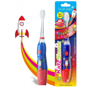 Brush Baby KidzSonic Toddler and Kid Electric Toothbrush for Ages 3+ Years - Disco Lights, Gentle Vibration, and Smart Timer Provide a Fun Brushing Experience - (1) 3+ yrs Brush Head Include - Rocket
