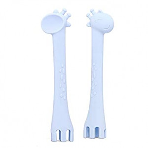 Mad | 3 in 1 Giraffe Silicone Safety Feeding Spoon, Fork, and Teether | Self-Soothing Giraffe Teether for Babies, Infants, Toddlers, Girls or Boys | BPA Free | 0- 36 Months (Blue)