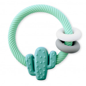 Itzy Ritzy Silicone Teether with Rattle; Features Rattle Sound, Two Silicone Rings and Raised Texture to Soothe Gums; Ages 3 Months and Up; Cactus