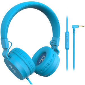PuroBasic Volume Limiting Wired Headphones for Kids, Boys, Girls 2+ Foldable and Adjustable Headband w/Microphone, Compatible with iPad, iPhone, Android, PC and Mac  by Puro Sound Labs, Blue