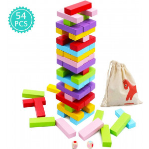 Wooden Stacking Board Games 54 Pieces for Kids Adult and Families, Gentle Monster Wooden Blocks Toys for Toddlers, Colored Building Blocks - 6 Colors 2 Dice