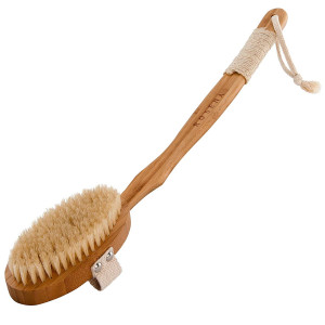 Dry Brushing Body Brush for Rejuvenating Skin  Back Scrubber for Shower  Stimulate Lymphatic Drainage and Minimize Cellulite  100% Natural Boar Bristles with Detachable Handle  Exfoliating Brush