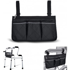 Wheelchair Armrest Accessories, Side Bags to Hang on Side with Bright Line Waterproof Black Walker Storage Pouches for Home/Outdoor/Car (Black Side)