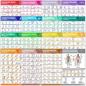 [16-PACK] Laminated Large Workout Poster Set - Perfect Workout Posters For Home Gym - Exercise Charts Incl. Dumbbell, Yoga Poses, Resistance Band, Kettlebell, Stretching and More Fitness Gym Posters