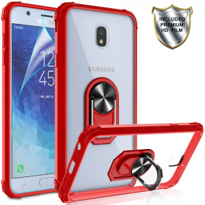 Galaxy J7 Refine/J7 Star/J7 Crown/J7V 2nd Gen/J7 Top/J7 Aura/J7 Aero Case with HD Screen Protector, Gritup Crystal Clear Hard PC TPU Phone Case with Ring Car Mount Kickstand for Samsung J7 2018 Red