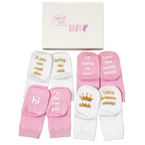 Baby Girl Socks Gift Set - Unique Baby Shower or Newborn Gift for Her - 4 Pairs of Cute Quotes in Gift Box