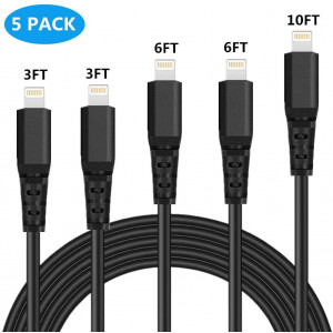 iPhone Charger Cable Fast Lightning Cable MFI Certified iPhone Cable Durable Lightning Charger 5Pack 3/3/6/6/10FT Charging and Syncing USB Cord Compatible iPhone XS/Max/XR/X/8/7P/iPad/iPod/IOS (Black)