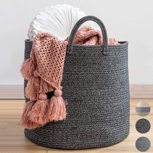 XXL Premium Woven Basket 18"x18"x16" - Blanket Holder for Living Room - Large Baskets for Blankets-Black Basket- Decorative Rope Basket