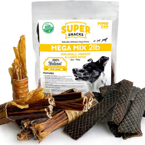 Super Snacks Mega Mix Dog Treat Variety Pack [2 Pounds] All Natural and Healthy Chews for Dogs: Beef Liver, Beef Tendons, Beef Gullets, MooTubes and Beef Jerky Braids. for Puppies or Large Dogs