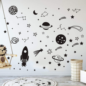 Outer Space Stars Plant Wall Decal Vinyl Astronaut Stickers Nursery Decor Gift for Kids Boy Girl Bedroom Art Home Decoration Mural Interior Design YMX50 (Black)