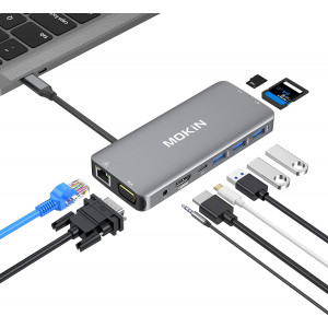 USB C Hub Multiport Adapter - 10 in 1 Portable Dongle with 4K HDMI, VGA, Ethernet, 3 USB Ports, Audio, PD Charger, SD/Micro SD Card Reader Compatible for MacBook Pro, XPS More Type C Devices.