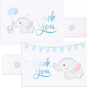 Baby Nest Designs, Baby Shower Thank You Cards Boy. Bulk Set of 50 Elephant Blue Thank You Cards with Envelopes for Small Thank You Notes - Blank Inside Baby Shower Card Pack with Sealing Stickers