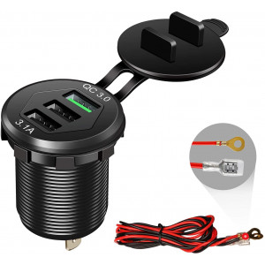 Quick Charge 3.0 Car Charger, 12V/24V 35W QC3.0/2.0 USB Charger Socket, 3 USB Charger Socket Power Outlet Fast Charge with Wire Fuse Aluminum Car Boat Marine ATV Bus Truck Golf Cart and More(Black