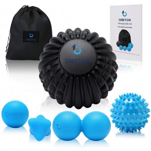 OBETOR Massage Ball Set for Deep Tissue Muscle Knots, Trigger Point Physical Therapy, Myofascial Release, 5" Textured Mobility/Lacrosse/Peanut/Spiky/Hand Roller Ball for Back/Shoulder/Foot Pain Relief
