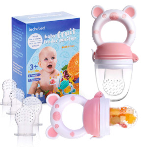 Baby Fruit Food Feeder Pacifier - Fresh Food Feeder, Infant Fruit Teething Teether Toy for 3-24 Months, 6 Pcs Silicone Pouches for Toddlers and Kids and Babies, 2-Pack (Light Pink)