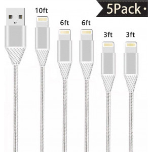 SHARLLEN iPhone Lightning Cable iPhone Charger Cable Nylon Braided iPhone Cord USB Long iPhone Sync and Charging Line 3/6/10FT 5Pack Compatible iPhone XS/Max/XR/X/8/8P/7/7P/6/6S/iPad/iPod/IOS (White)