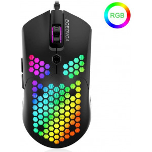 EQEOVGA D10 RGB Lightweight Gaming Mouse 12000DPI Optical Sensor with Lightweight Honeycomb Shell Ultralight Ultraweave Cable (65G)-Black