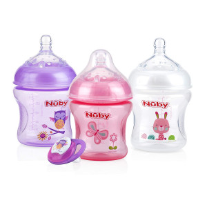 Nuby Natural Touch 3 Pack Bottles with Slow Flow Nipple and Bonus Ortho Pacifier- Girl (80186CS24)
