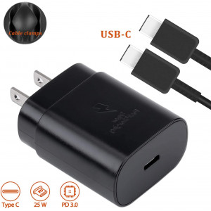 USB C Wall Charger Kit-25W PD 3.0 Chargers Fast Charging and 5Ft USB C to C Cable for Samsung Galaxy Note10/Note10+/Note9/S10/S9/S8, iPad Pro 2018, Google Pixel 4XL/3XL and More, Including Cable Clip