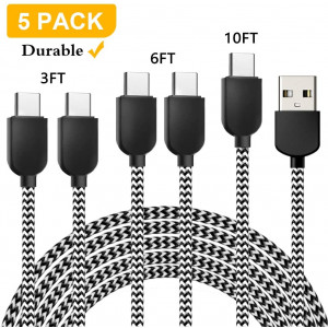 USB Type C Cable 5Pack (3/3/6/6/10 FT) Nylon Braided Fast Charging Charger Sync Cord Compatible with Samsung Galaxy S10 S10E S9 S20 Plus Note 10 9 8 S8 Z LG V20 G5 G6 Google Pixel (Black and Silver)