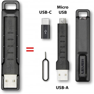 Lever Gear CableKit - 2 in 1 Keychain Micro USB Charging and Data Cable. Compatible with Samsung and Other USB-C or Micro USB Devices. Includes USB-C Adapter and SIM Card Tool (6 Pack)