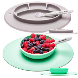 UpwardBaby Toddler Plate and Bowl Set with Suction for Kids Silicone Non Slip Baby Feeding Set Placemats with Spoons Included - BPA Free