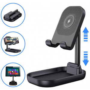 Phone Stand Wireless Charger, Foldable Phone Dock, Adjustable Universal Stand, Cradle, Holder for Live Stream, Video, Compatible with iPhone 8 8Plus XS XSmax, Samsung Galaxy S7 S6edge + (Black)