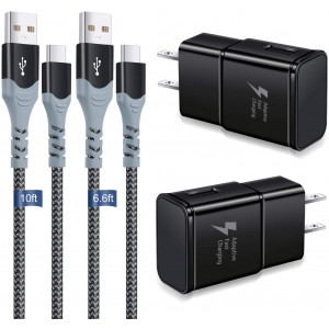 Adaptive Fast Wall Charger kit with USB Type-C Cable(6.6Ft+10Ft) Compatible with Samsung Galaxy S20/S10/S9/S8/Edge/Plus/Active, Note 10/9/8,c9pro, LG G6/G5/V30/V20, Google Pixel 2, Nexus 5X/6P (Black)