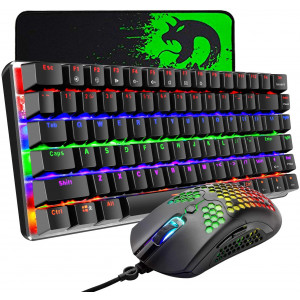 Gaming Keyboard and Mouse,3 in 1 Gaming Set,Rainbow LED Backlit Wired Gaming Keyboard,RGB Backlit 12000 DPI Lightweight Gaming Mouse with Honeycomb Shell,Large Mouse Pad for PC Game(Black)