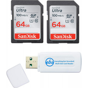 SanDisk 64GB SDXC SD Ultra Memory Card (Two Pack) Works with Canon EOS Rebel T7, Rebel T6, 77D Digital Camera Class 10 (SDSDUNR-064G-GN6IN) Bundle with (1) Everything But Stromboli Combo Card Reader