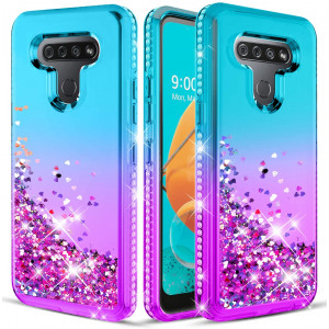 Wallme LG K51 Case (US Version),LG Reflect/LG Q51 Case w/HD Screen Protector [2 Pack],Glitter Diamond Sparkle Waterfall Quicksand,Bling Bling Protective Phone Case Cover for Girls Women - Teal/Purple
