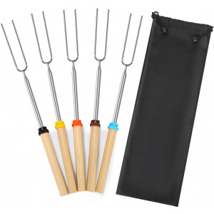 Mluchee Marshmallow Roasting Sticks Smores Skewers for Fire Pit 5Pcs 32inch Telescoping Sausage BBQ Hot Dog Forks Portable Carrying Bag for Camping, Backyard