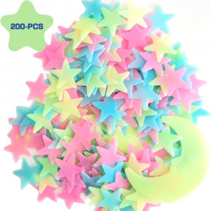 Colorful Glow in The Dark Stars,Stars Stickers for Ceiling,Adhesive 200 Pcs 3D Glowing Stars and Moon for Wall Decoration for Kids Baby Bedroom Rooms,Starry Sky ...