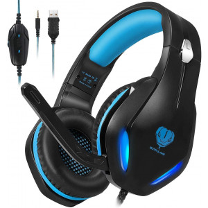 Stynice Gaming Headset for PC, PS4, Xbox One, Laptop, Crystal Clear Surround Sound Computer Gamer Headset with Noise Canceling Mic and LED Light - Lightweight and Comfortable Gaming Headphone (Blue)