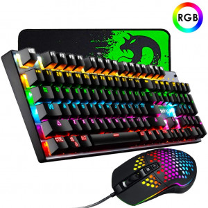 Mechanical Gaming Keyboard and Mouse,3 in 1 Gaming Set,Rainbow Backlit Wired Gaming Keyboard,RGB 6400 DPI Lightweight Gaming Mouse with Honeycomb Shell,Large Mouse Pad for PC Game(Black Blue Switches)