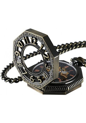 Carrie Hughes Men's Steampunk Vintage Railroad Octagon Skeleton Mechanical Pocket Watch with Chain Dad Gift CHPW02