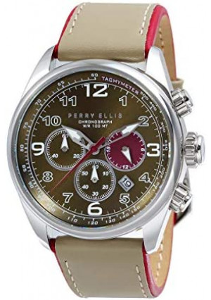 Perry Ellis Mens Watch GT Chronograph Quartz Luminous Watch with Date Genuine Leather Band Waterproof