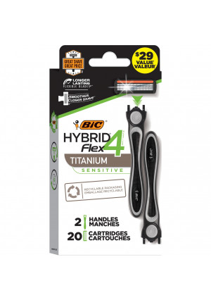 BIC Flex 4 Sensitive Hybrid Men's 4-Blade Disposable Razor, 2 Handles and 20 Cartridges, Smooth and Close Shave