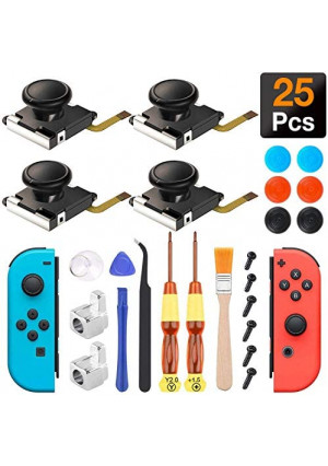 (4 Pack) Joystick Replacement for Joycon, Switch Analog Stick Parts for Nintendo Switch Joy Con, Controller Repair Kit Include 4 Thumb 3D Sticks, 2 Metal Buckles, Pry Tools, 6 Thumbstick Grips, 25Pcs