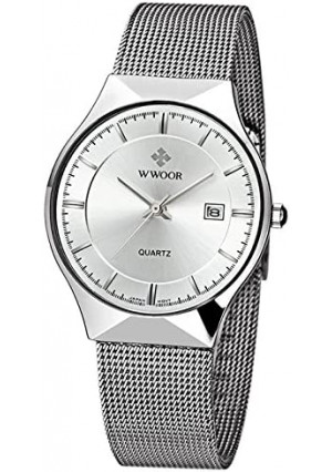 Men Watch Ultra Thin Watches Stainless Steel Mesh Band Quartz Wristwatch Fashion Date Waterproof Watches