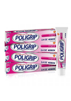 Super Poligrip Original Denture Adhesive Cream, Zinc Free Denture Cream for Dentures - 2.4 Ounces (Pack of 4)